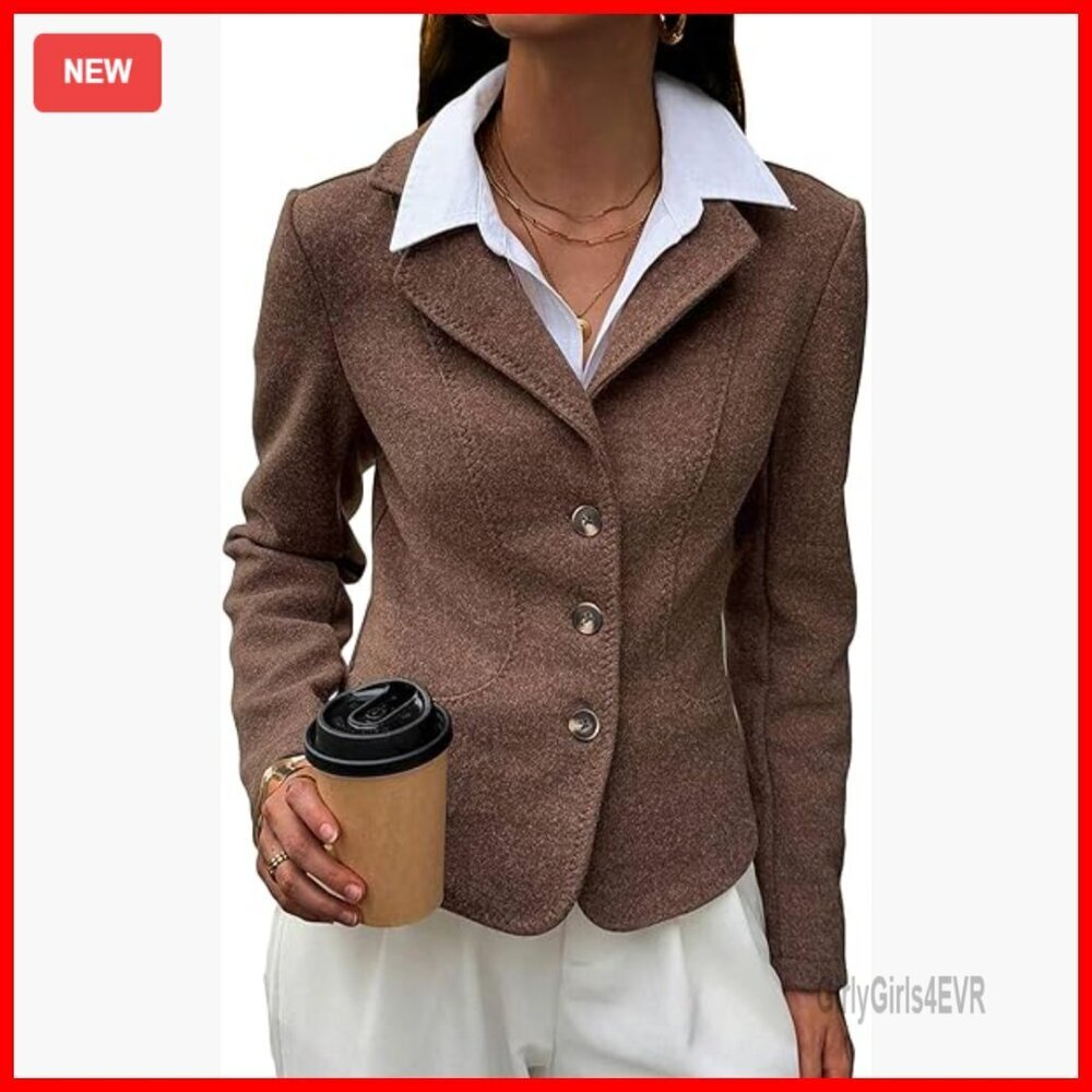 Cropped Tweed Blazer Slim Fit Polyester Work Casual Jacket Women's